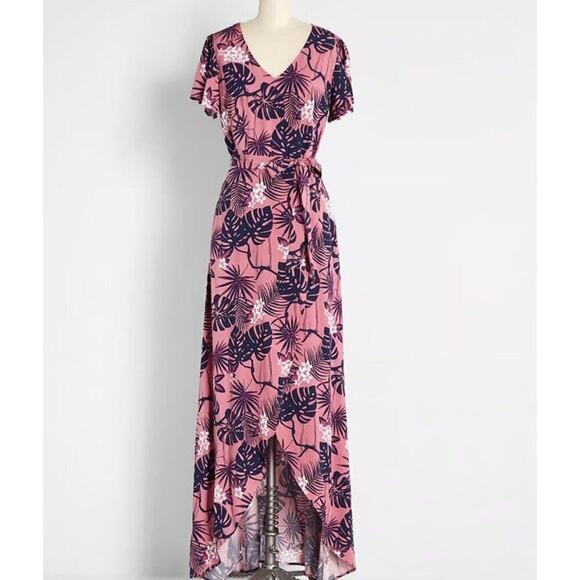 ModCloth x Collectif Maxi Dress 14 Pink Thelma Tropicool V Neck Tie Waist NWT - Picture 16 of 16